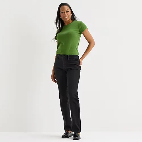 Liz Claiborne Lana Womens High Rise Straight Leg Jean, 10 Petite Short, Black