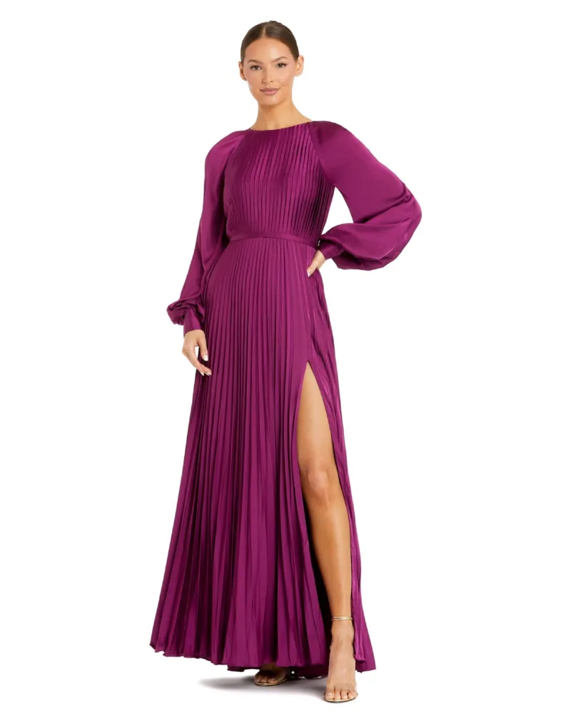Mac Duggal Women's Ieena Long Sleeve Pleated High Neck Gown - Berry