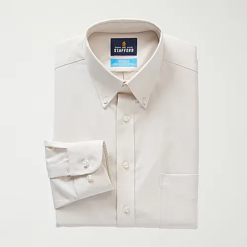 Stafford Coolmax All Season Ecomade Oxford Mens Regular Fit Stretch Fabric Wrinkle Free Long Sleeve Dress Shirt, 17-17.5 36-37, Beige