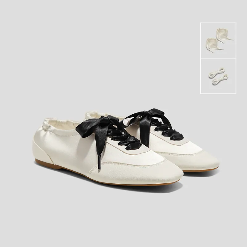 VIVAIA 3 Laces Included Square-Toe Lace-Up Satin Sneakerina (Cristina)|LIGHT GOLD|US 7