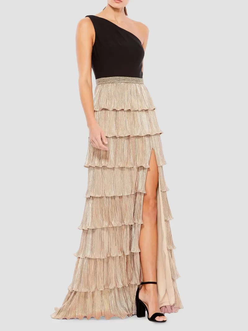 Mac Duggal Women's Ieena Mixed-Media Tiered A-Line Gown - Black Gold - Size 12