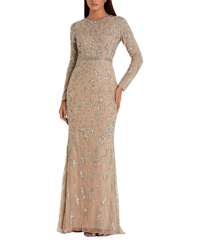 Mac Duggal Beaded Long Sleeve Evening Gown