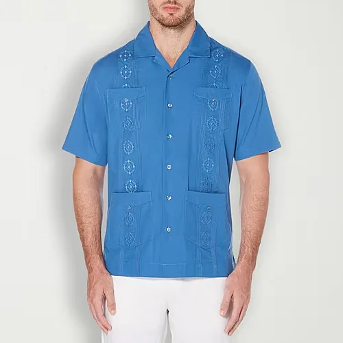 Cubavera Embroidered Button-Down Mens Short Sleeve Camp Shirt, Small, Blue
