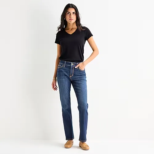 St. John's Bay Womens Mid Rise Secretly Slender Straight Leg Jean, 2 Petite Short, Blue