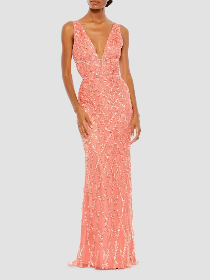 Mac Duggal Women's Embellished V-Neck Column Gown - Coral - Size 10