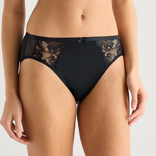 Ambrielle Tulip Lace Shine High Cut Panty, Small, Black