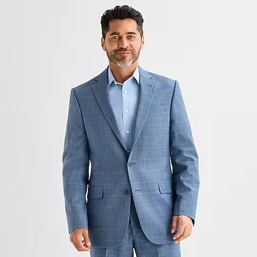 Stafford Coolmax All Season Ecomade Mens Classic Fit Plaid Suit Jacket, 48 Long, Blue