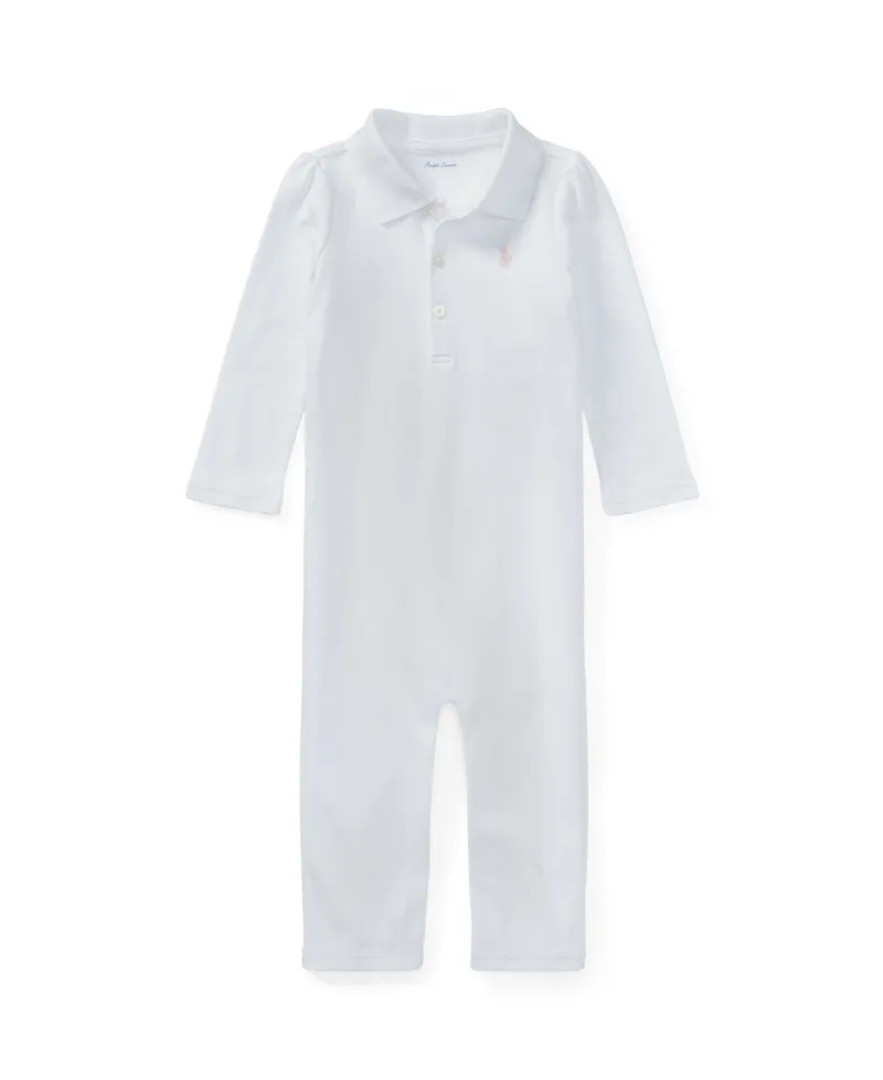 Polo Ralph Lauren Baby Girls Ribbed Polo Collar Coverall - White
