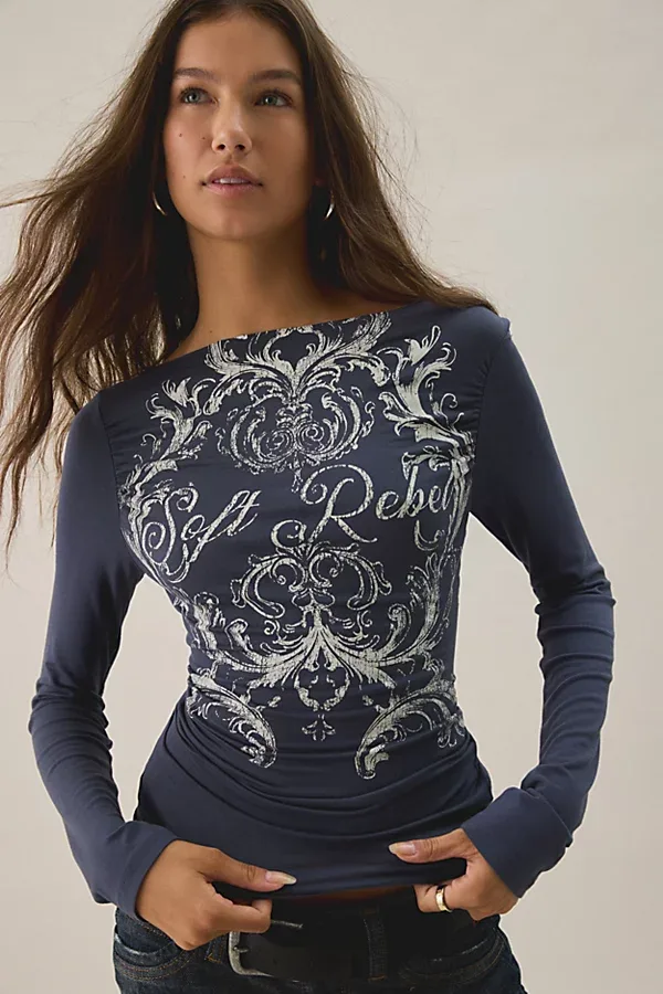 Urban Outfitters UO Soft Rebel Graphic Slash Neck Long Sleeve Tee in Dark Grey, Women's at Urban Outfitters
