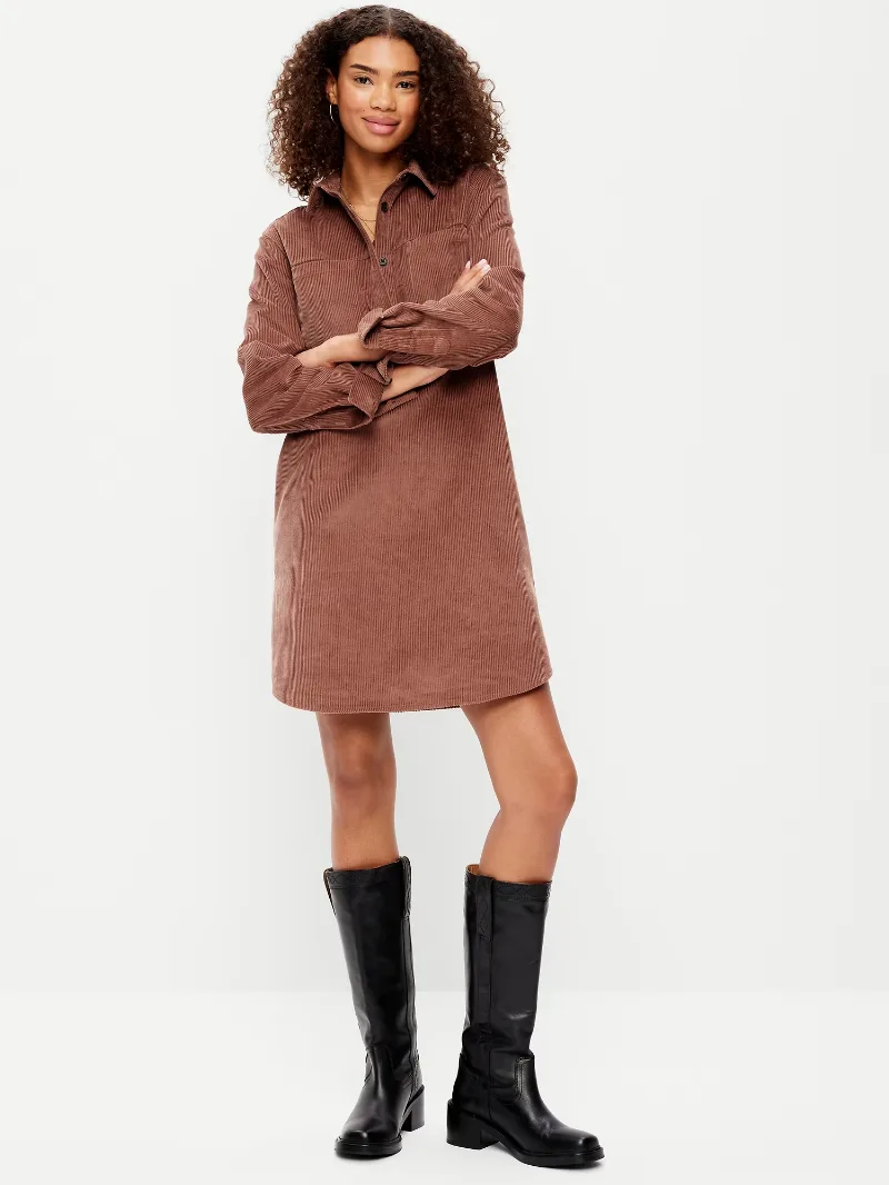 Long-Sleeve Button-Down Mini Shirt Dress