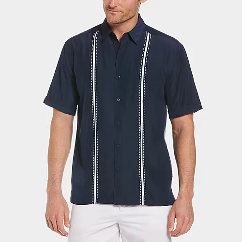 Cubavera Pick Stitch Mens Short Sleeve Regular Fit Button-Down Shirt, Large, Blue