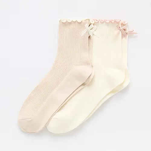 Arizona Lettuce Edge Backseam Bow Womens 2 Pair Quarter Ankle Socks, 4-10, Beige