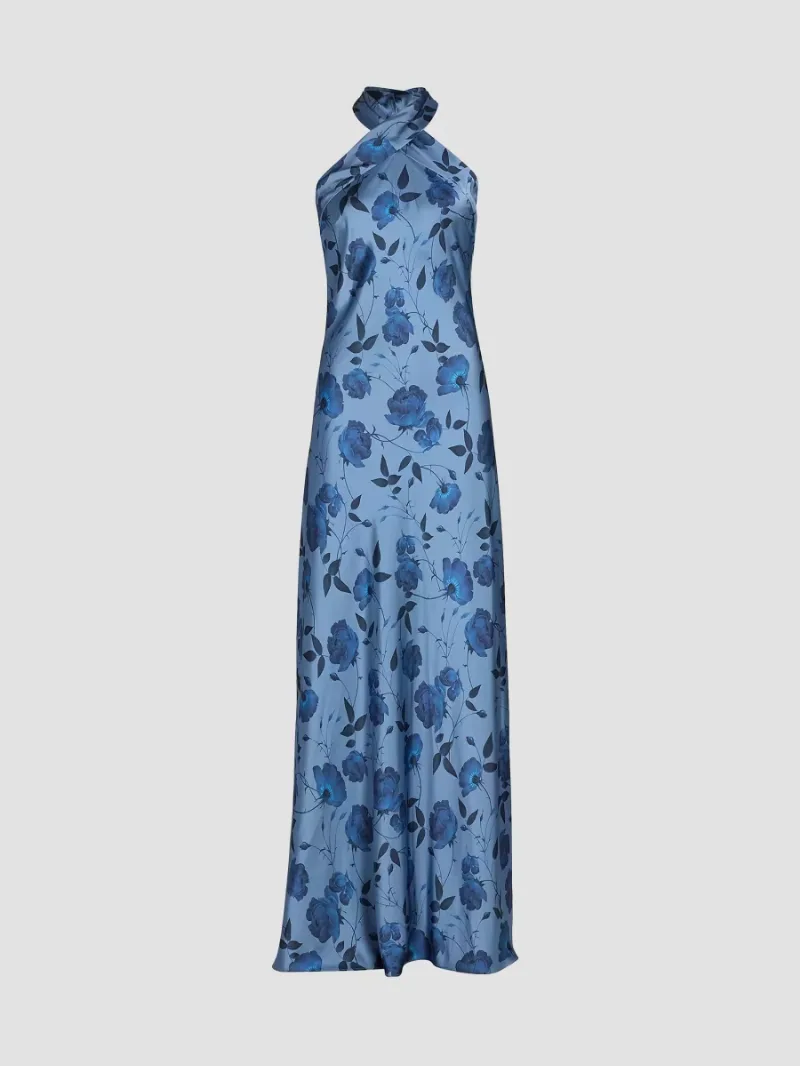 SACHIN BABI Women's Laurant Floral Satin Halter Gown - Wild Steel Roses - Size 4