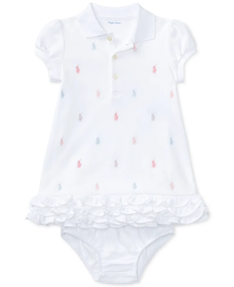 Polo Ralph Lauren Baby Girls Ruffled Pony Printed Polo Dress - White