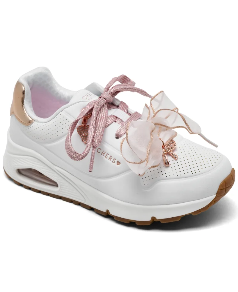 Skechers Little Girls Double the Charm Low Top Casual Sneakers from Finish Line - White, Rose Gold