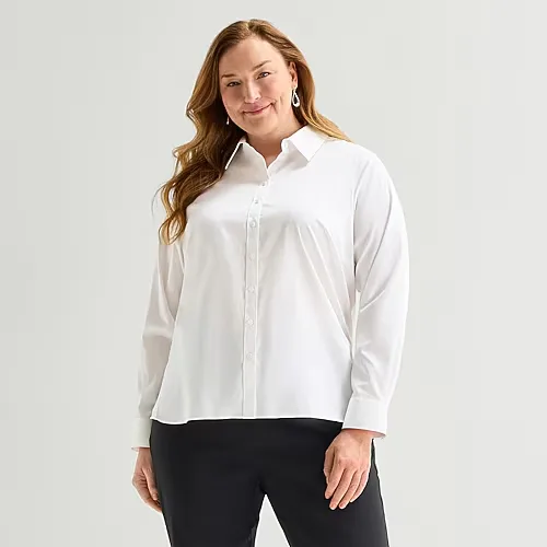 Liz Claiborne Womens Plus Cuffed Long Sleeve Regular Fit Wrinkle Free Button-Down Shirt, 2x, White