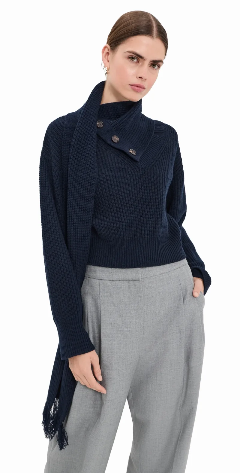 FRENKEN Line Scarf Wool Cash Knitted Sweater Navy 40