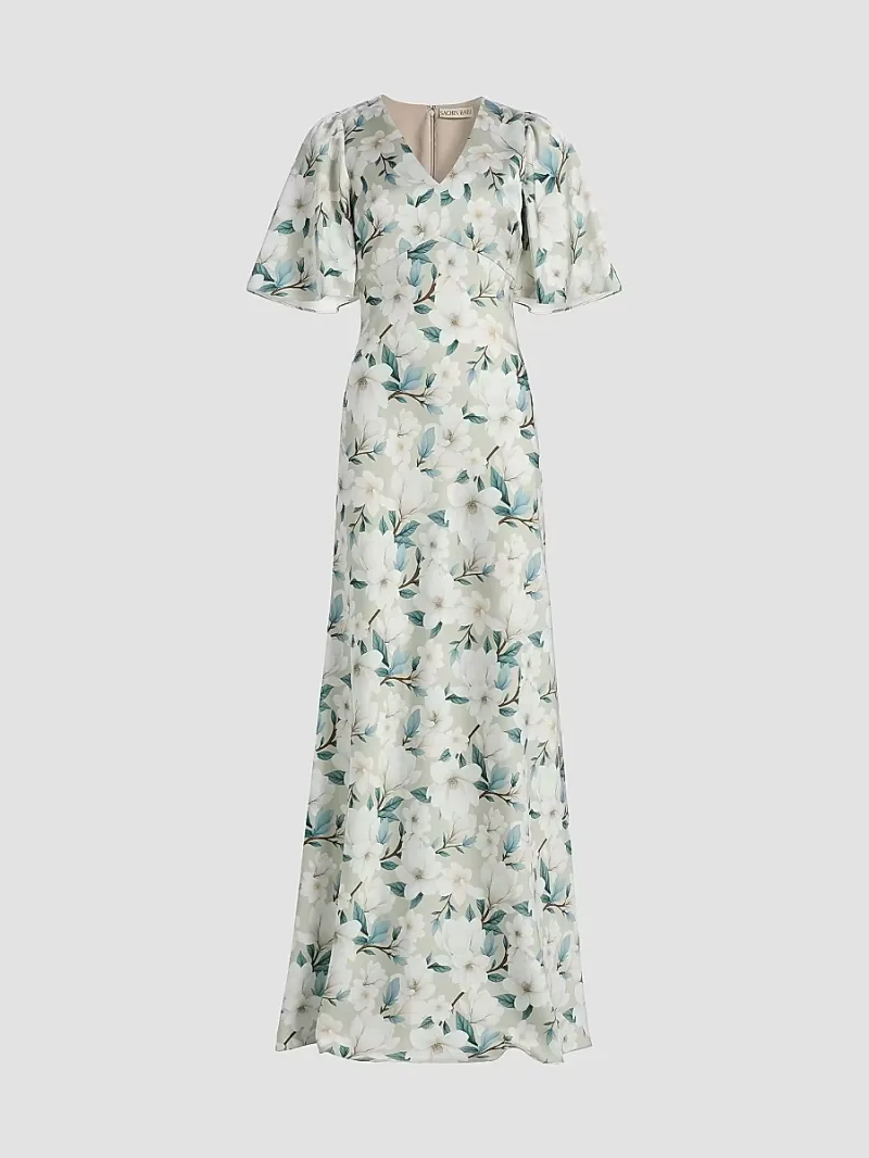 Women's Mae Floral Flutter-Sleeve Gown - Champagne Magnolia - Size 2