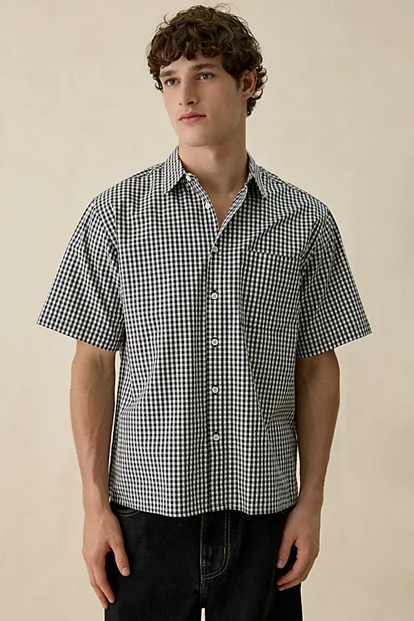 Urban Outfitters UO Boxy Poplin Short Sleeve Shirt Top in Black/White Check, Men's at Urban Outfitters