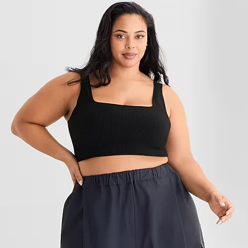 Ashley Graham Ribbed Womens Plus Square Neck Sleeveless Crop Top, 2x, Black