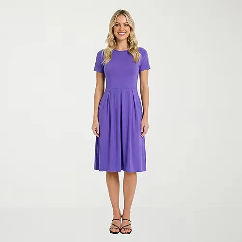 24seven Comfort Apparel Womens Midi Boat Neck Short Sleeve A-Line Dress, Small, Purple