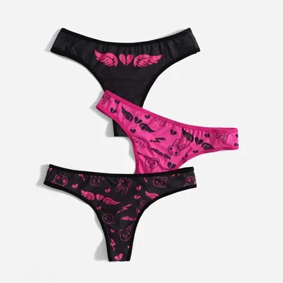 3pcs/Pack Cute Bear & Rabbit Heart Wing Lightning Color Block Print Panties