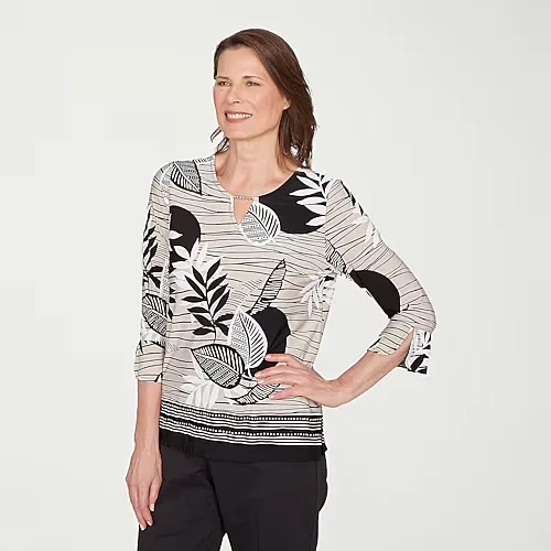 Alfred Dunner Classics Womens Crew Neck 3/4 Sleeve T-Shirt, Petite Large, Black