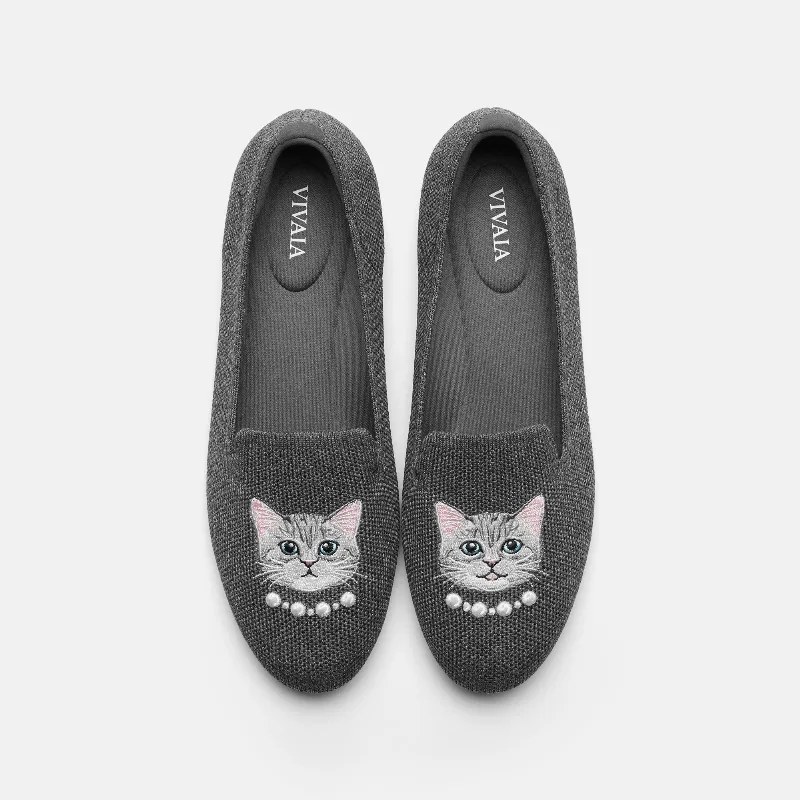 VIVAIA Round-Toe Embroidered Loafers (Audrey)|RICH GREY - SILVER BRITISH CAT|US 8.5