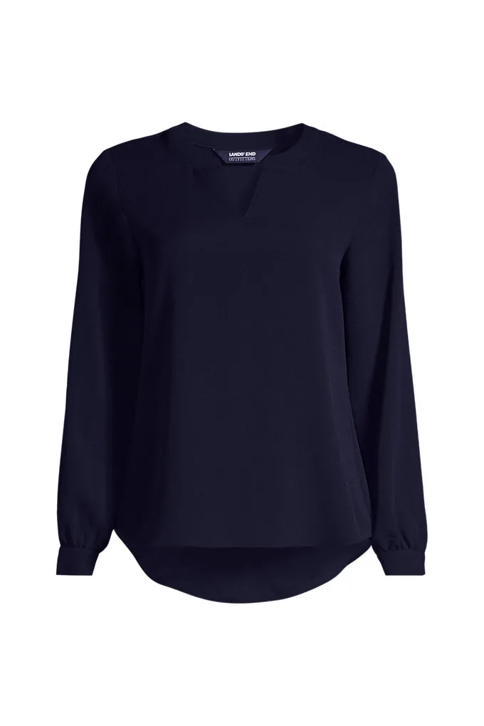 Women's Shirred Long Sleeve Split Neck Blouse - Lands' End - Blue - 6