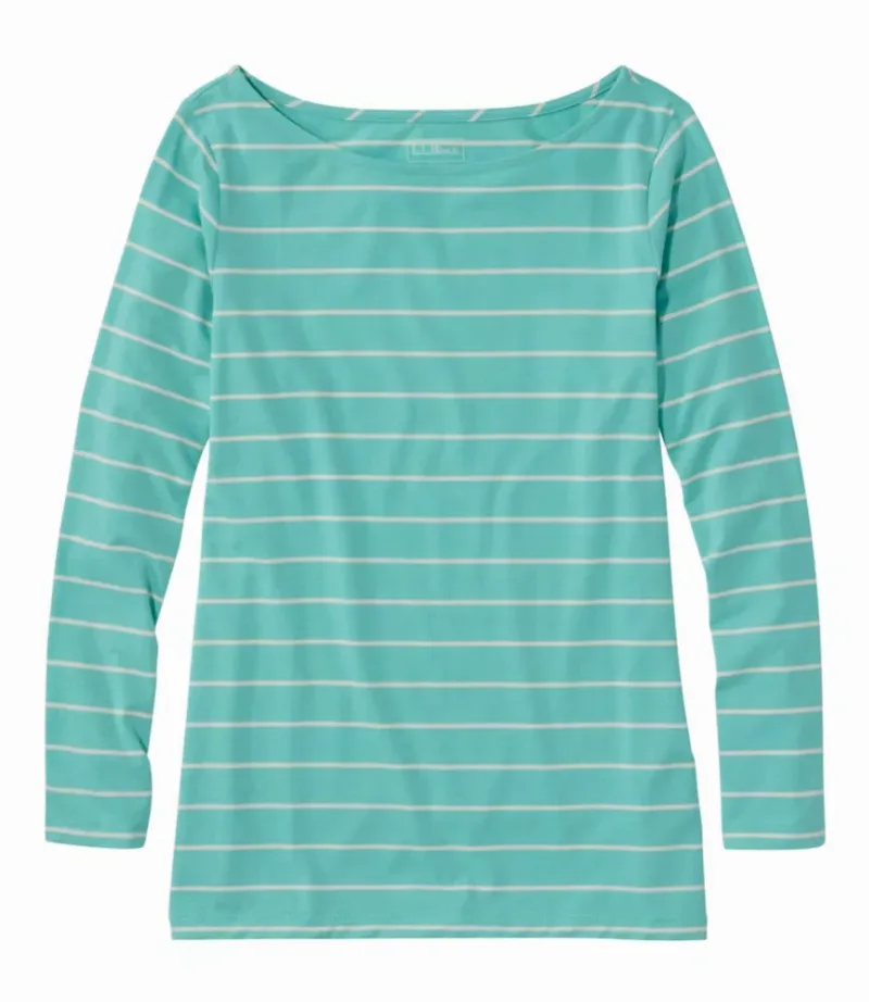 L.L.Bean Women's Soft Stretch Supima-Blend Tee, Boatneck Bracelet-Sleeve Stripe Fair Aqua/Cream Large, Supima Cotton Blend L. L.Bean