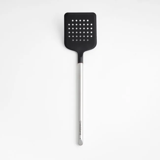 Crate & Barrel Black Silicone and Stainless Steel Slotted Turner Spatula