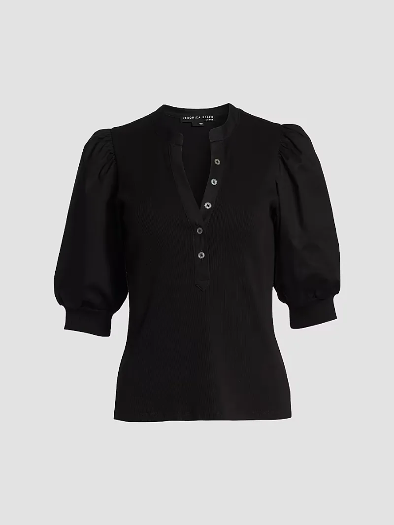 Veronica Beard Women's Coralee Puff-Sleeve Top - Black - Size Large
