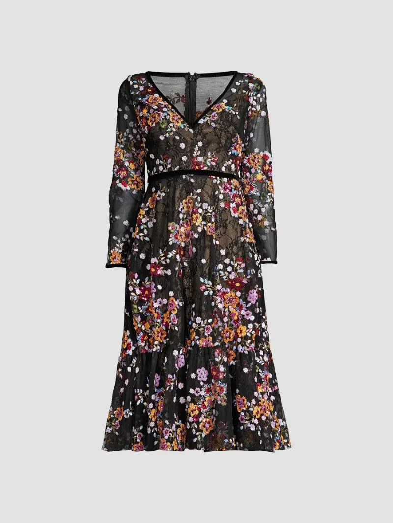 Mac Duggal Women's Embroidered Floral Lace Tea Dress - Black Multi - Size 6