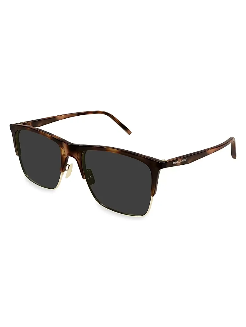 Saint Laurent Men's Vintage Clubmaster 57MM Square Sunglasses - Havana Grey Gold