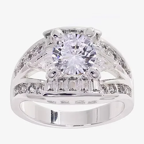 Sparkle Allure Split Shank Womens Cubic Zirconia Pure Silver Over Brass Round Engagement Ring, 7