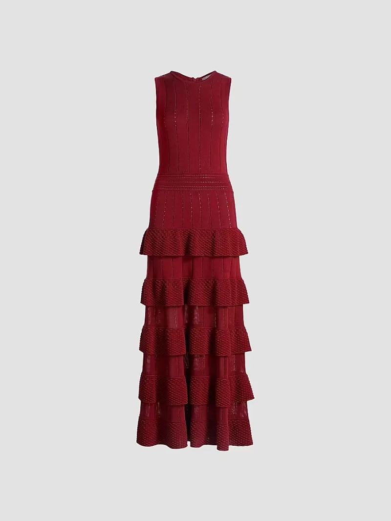 Women's Piper Bobble-Knit Tiered Maxi Dress - Oxblood - Size Large