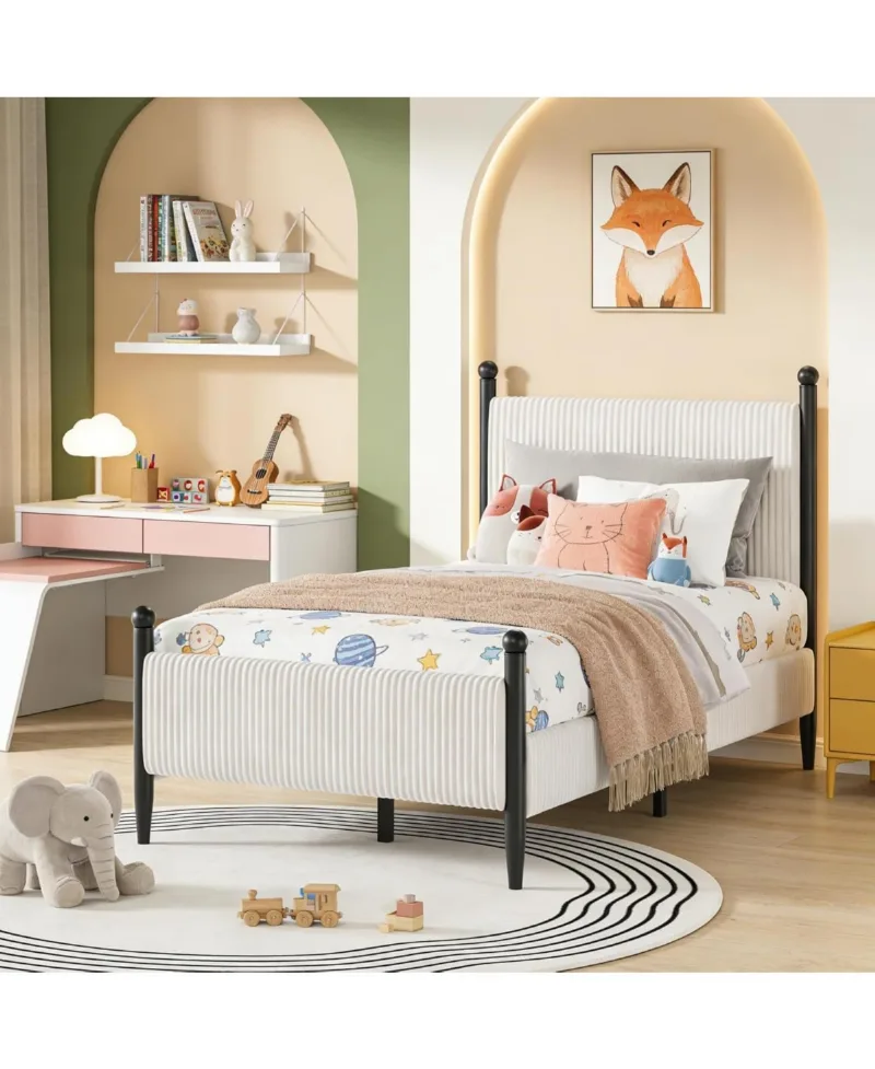gaomon Bed Frame with Vertical Stripes headboard, Corduroy upholstered Bed upholstered Bed Frame with Vintage Metal Legs, no Box Spring Needed - Twin