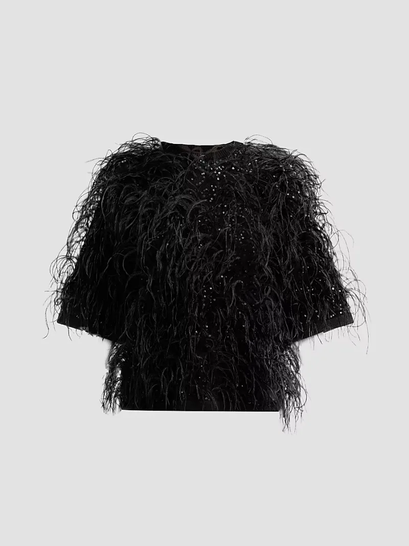 Michael Kors Collection Women's Embroidered Ostrich Plume Top - Black - Size Medium