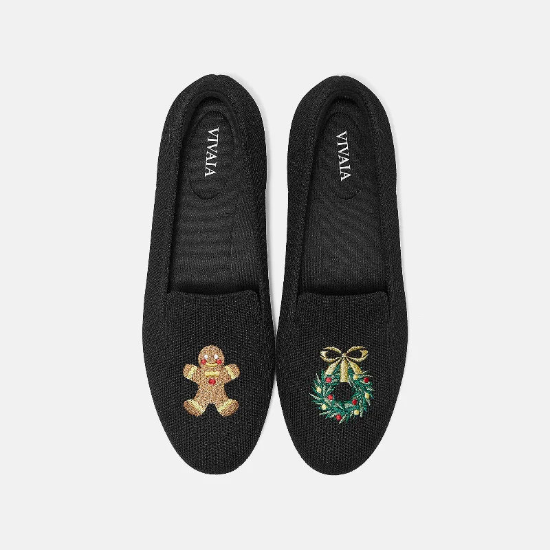 VIVAIA Round-Toe Embroidered Loafers (Audrey)|BLACK - GINGERBREAD MAN|US 6.5