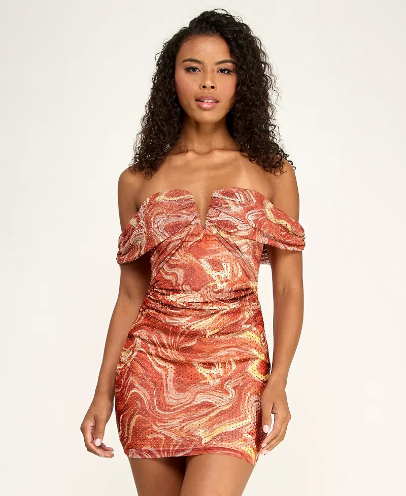 Seni & Cade Juniors' Embellished Off-The-Shoulder Dress - Orange/Red/Cream