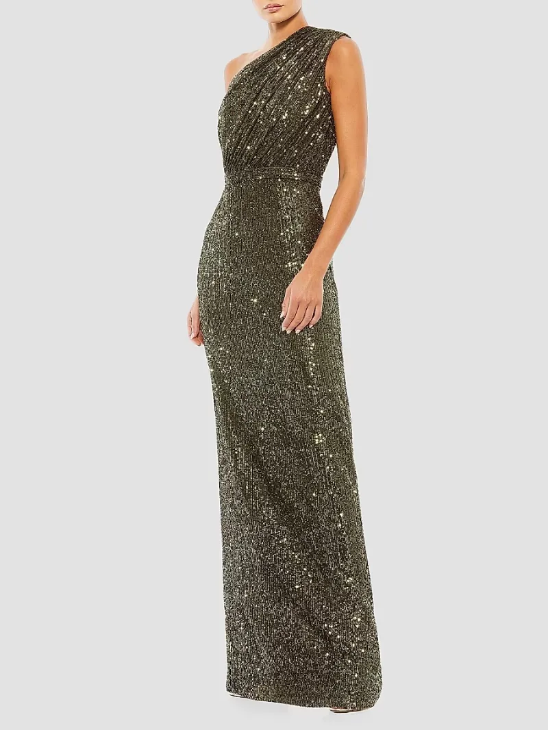 Mac Duggal Women's Sequined Ruched One-Shoulder Gown - Olive - Size 4