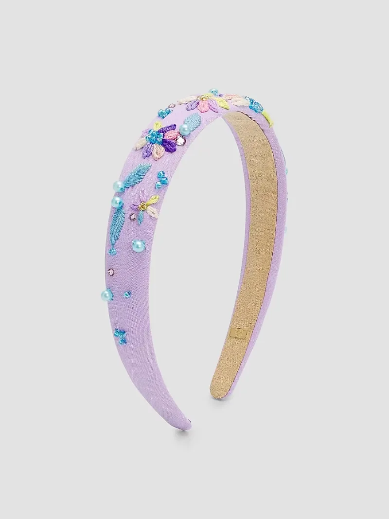 Bari Lynn Girl's Girl's Embroidered Floral Studded Headband - Lavender