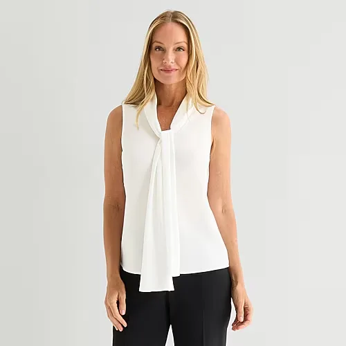 Black Label by Evan-Picone Womens Split Tie Neck Sleeveless Blouse, Medium, White