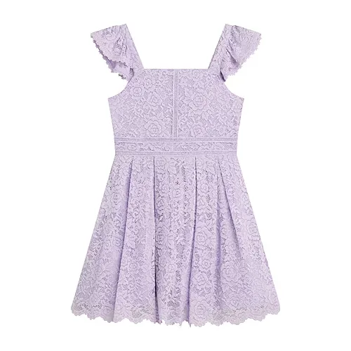 Byer California Big Kid Girls Flutter Short Sleeve Lace A-Line Dress, 7, Purple