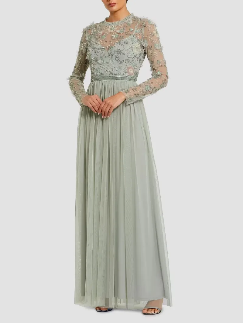 Mac Duggal Women's Sequin-Embellished Long-Sleeve Gown - Sage - Size 14