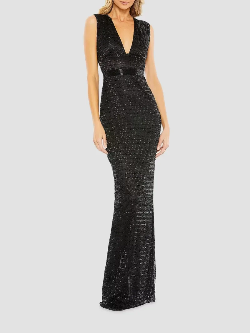 Mac Duggal Women's Beaded V-Neck Column Gown - Black - Size 12