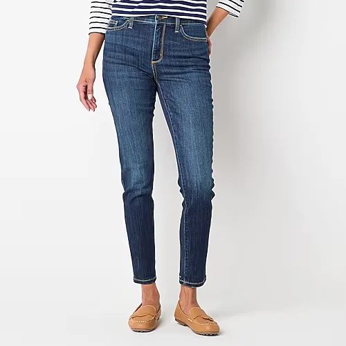 St. John's Bay Womens Mid Rise Secretly Slender Skinny Fit Jean, 2 Petite, Blue