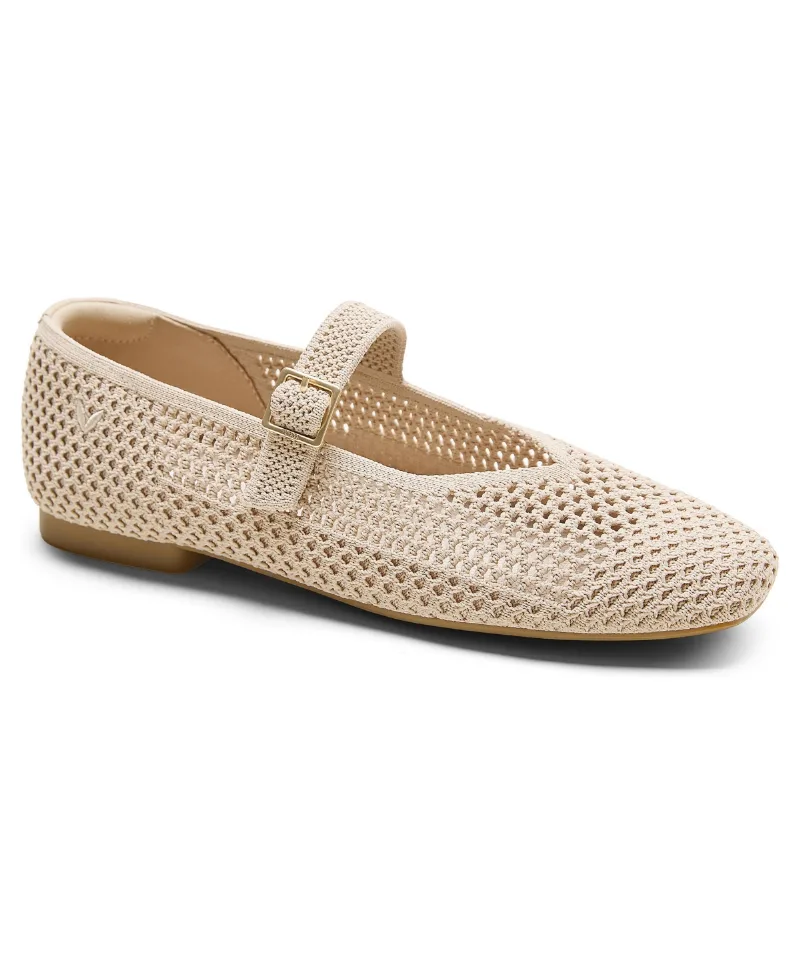 Vivaia Margot Square-Toe Knit Adjustable-Strap Mary Jane Flats - Almond mesh